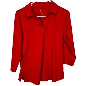 Isaac Mizrahi Live Essentials Red V-Neck Collared  Shirt with 3/4 Sleeve Women M